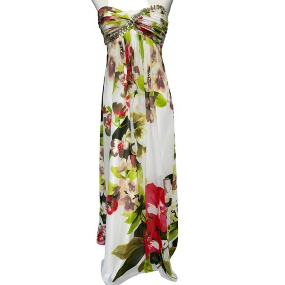 Y2K Cache Floral strapless Formal Gown Dress women 4 bead open back wedding prom